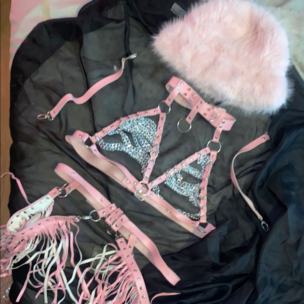 Pink and Silver Harness Set with Fur Hat